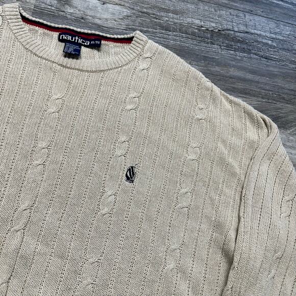 Vintage 90s Nautica Cream Ivory‎ Mens XL Chunky Cable Knit Sweater Ramie Linen - Picture 1 of 7